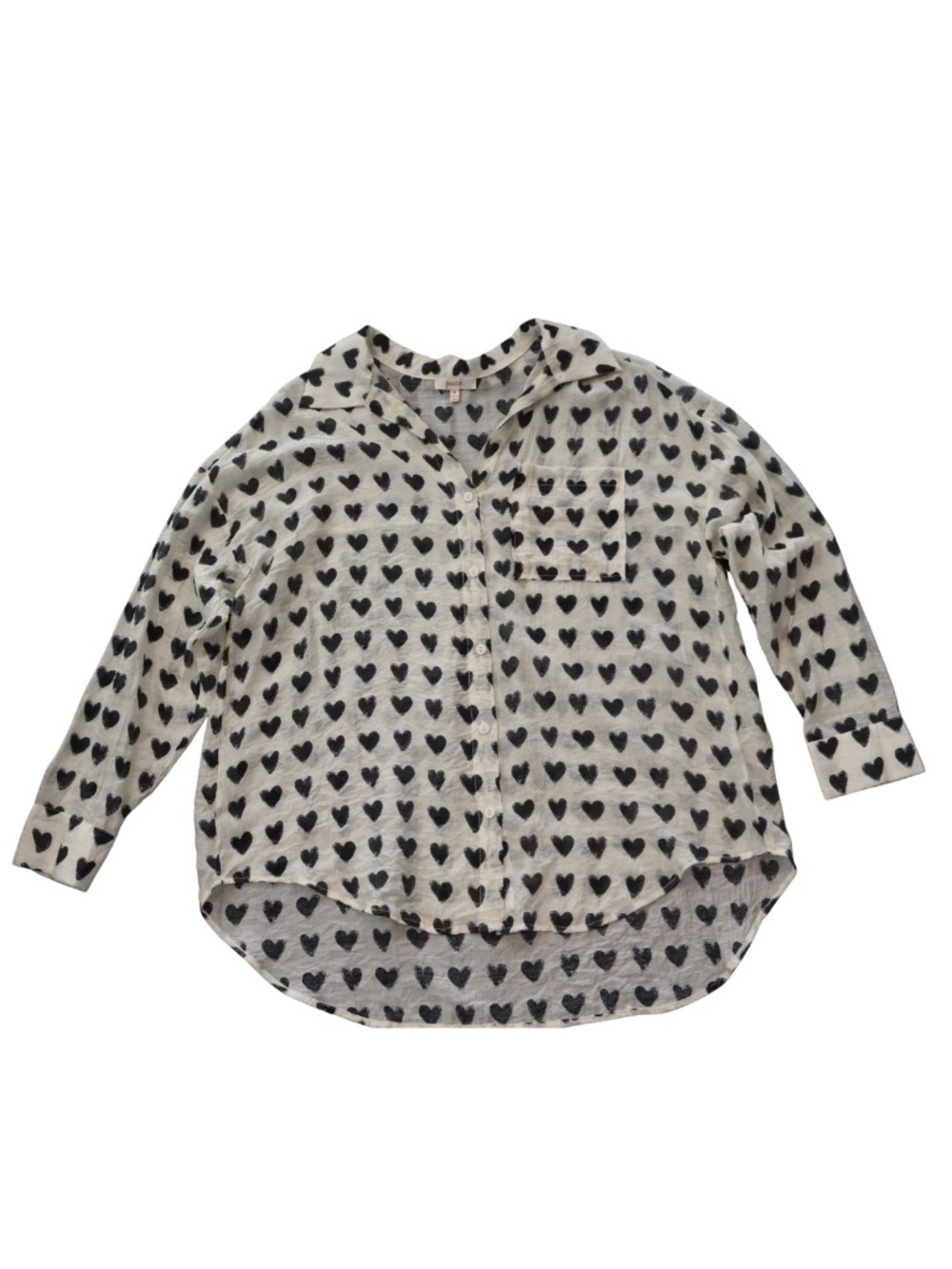 Peach Heart Print Button Down Blouse Medium Black Cream Oversized High Low